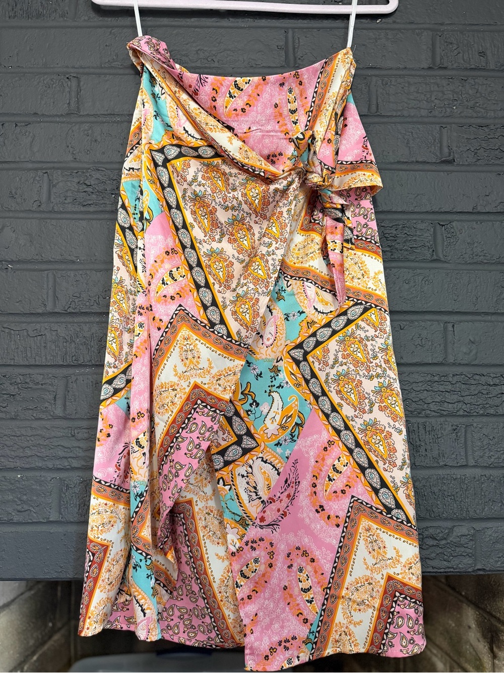 Boho Patchwork Print Midi Skirt in Pink & Turquoise